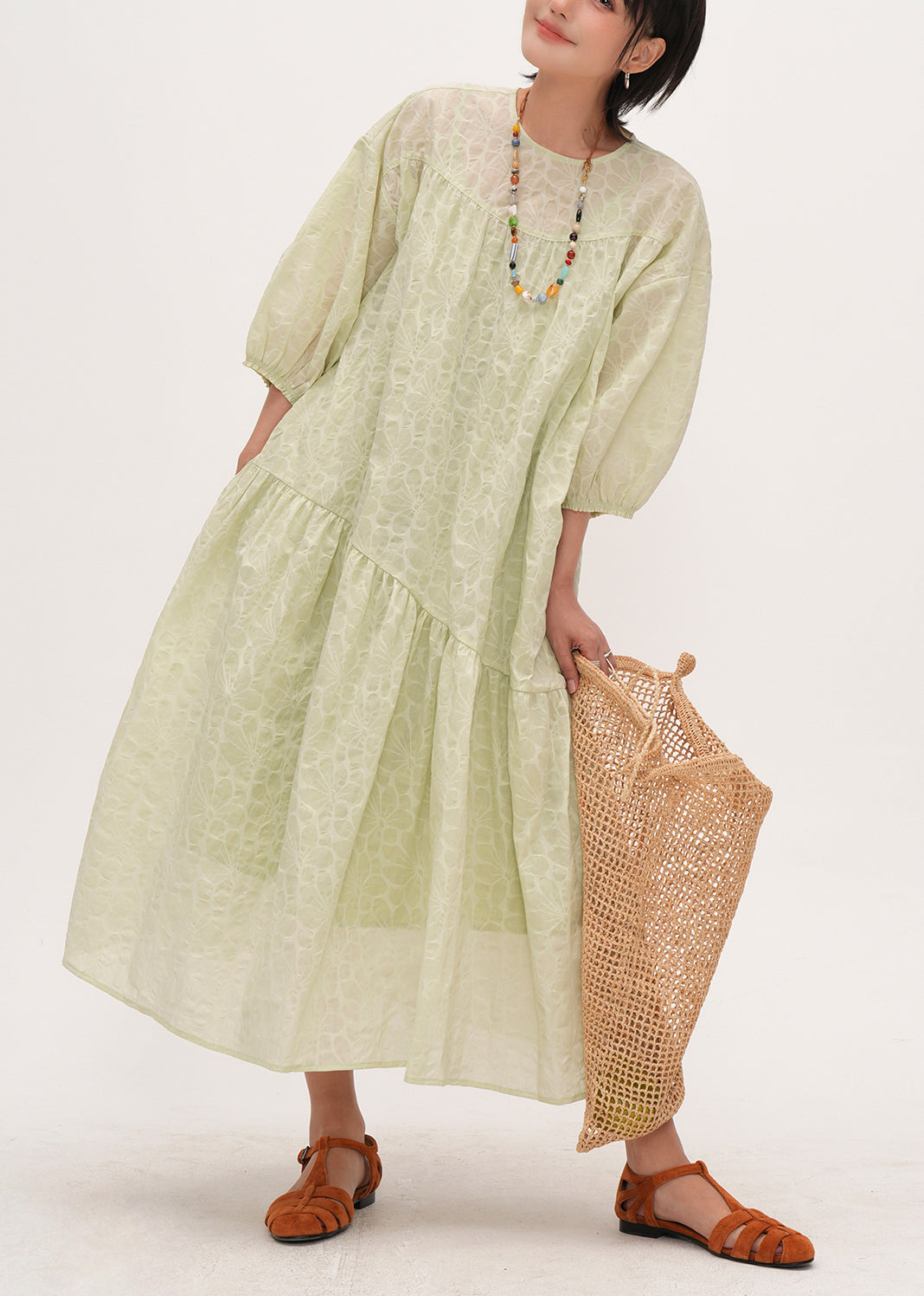 DIY Light Green Jacquard Patchwork Cotton Holiday Dress Bracelet Sleeve