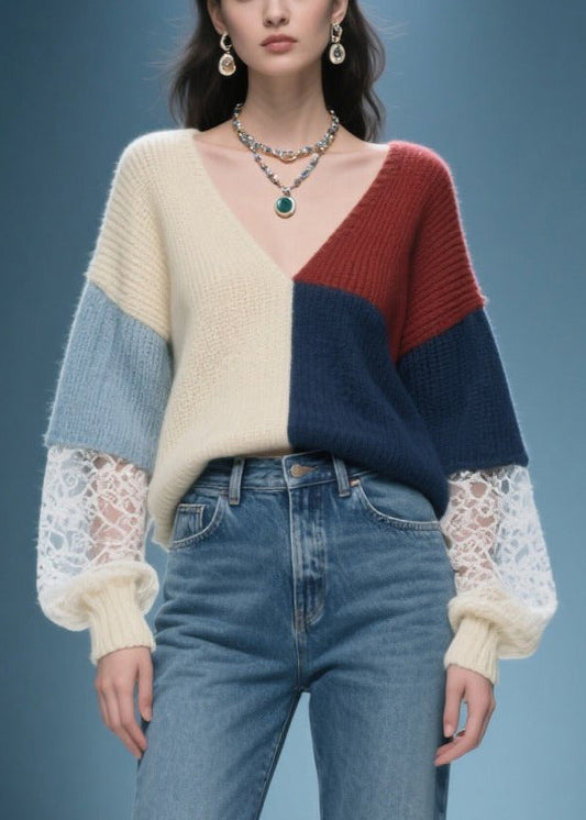DIY Mixed Color Asymmetrical Patchwork Lace Sweaters Winter