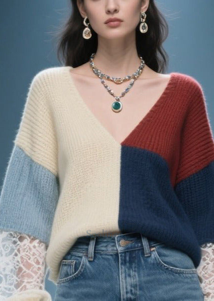 DIY Mixed Color Asymmetrical Patchwork Lace Sweaters Winter