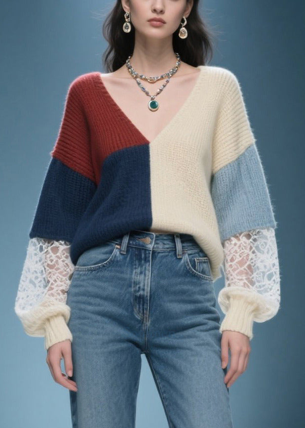 DIY Mixed Color Asymmetrical Patchwork Lace Sweaters Winter