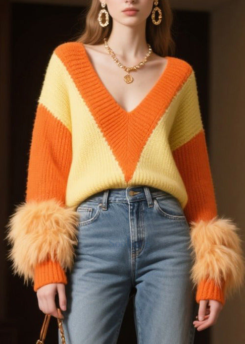 DIY Mixed Color V Neck Patchwork Faux Fur Knit Pullover Winter
