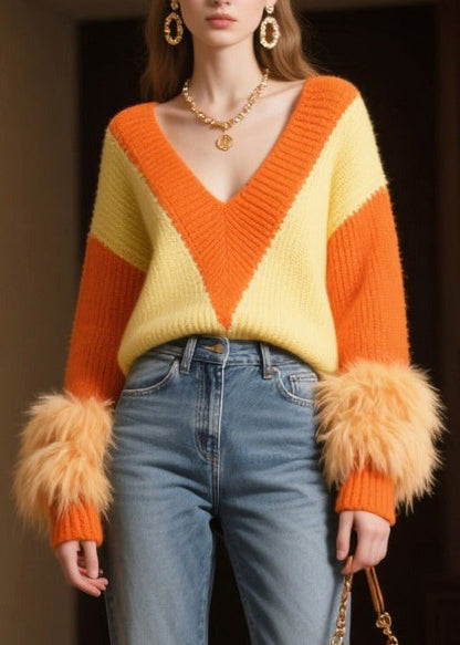 DIY Mixed Color V Neck Patchwork Faux Fur Knit Pullover Winter