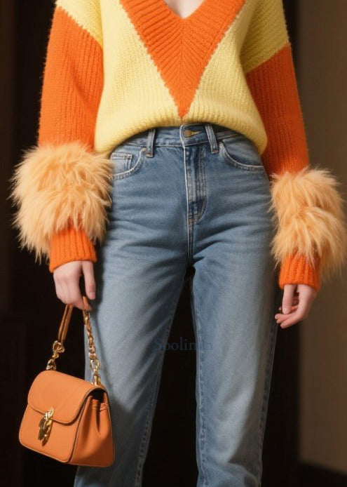 DIY Mixed Color V Neck Patchwork Faux Fur Knit Pullover Winter