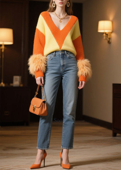 DIY Mixed Color V Neck Patchwork Faux Fur Knit Pullover Winter