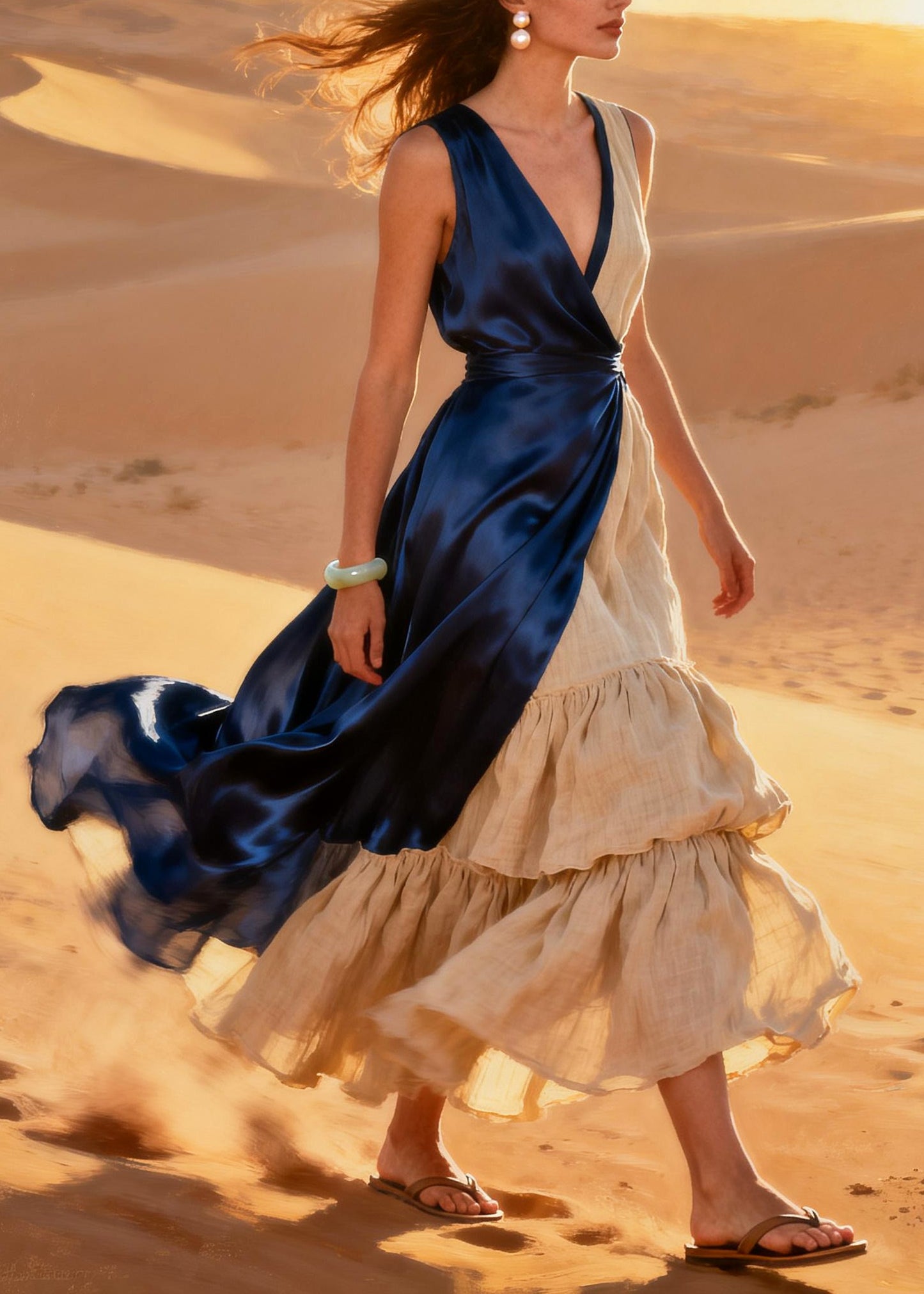 DIY Navy Asymmetrical Patchwork Linen Silk Maxi Dresses Summer