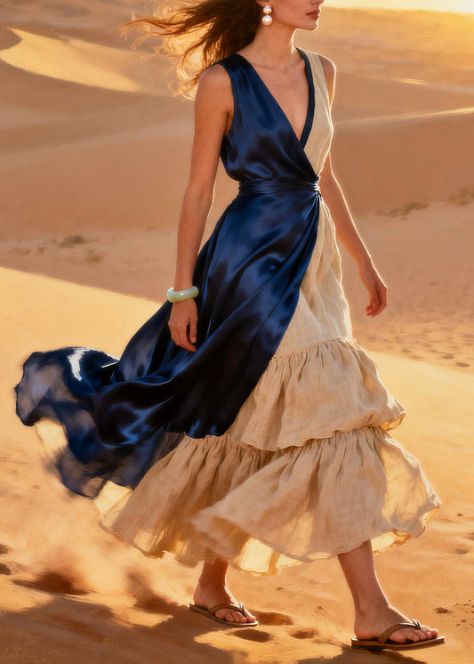 DIY Navy Asymmetrical Patchwork Linen Silk Maxi Dresses Summer