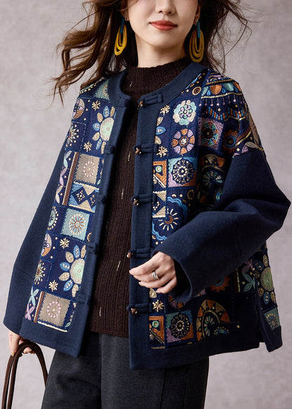 DIY Navy Embroidered Patchwork Woolen Jacket Spring