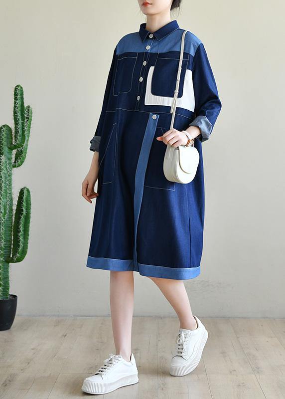 DIY Navy Long sleeve Chiffon Dress Patchwork Mid Dress - SooLinen