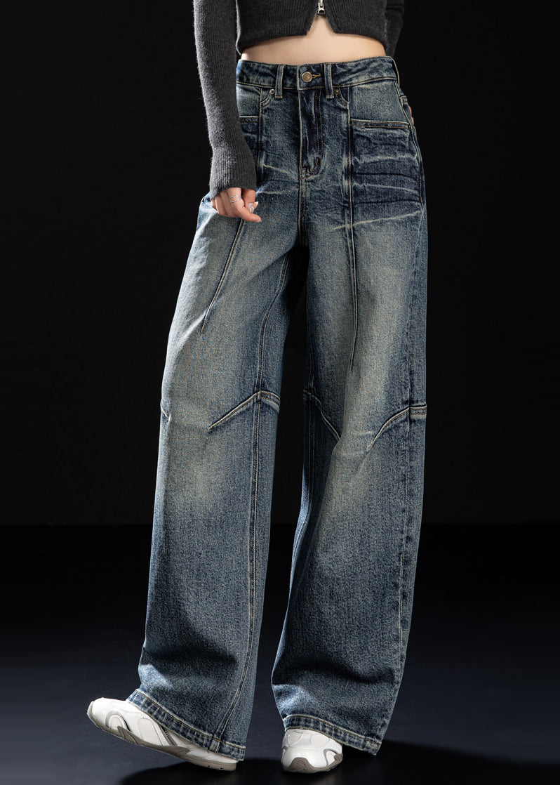 DIY Navy Oversized Patchwork Denim Wide Leg Pants Spring