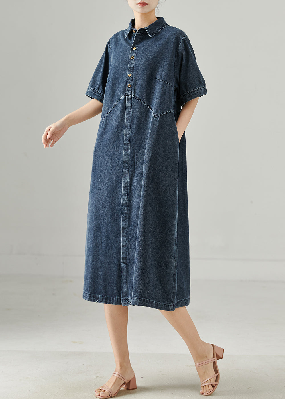 DIY Navy Peter Pan Collar Patchwork Denim Holiday Dress Summer