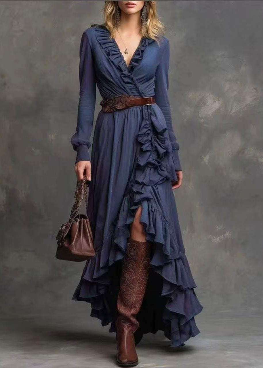 DIY Navy Ruffled Side Open Cotton Vacation Dresses Fall