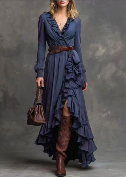 DIY Navy Ruffled Side Open Cotton Vacation Dresses Fall