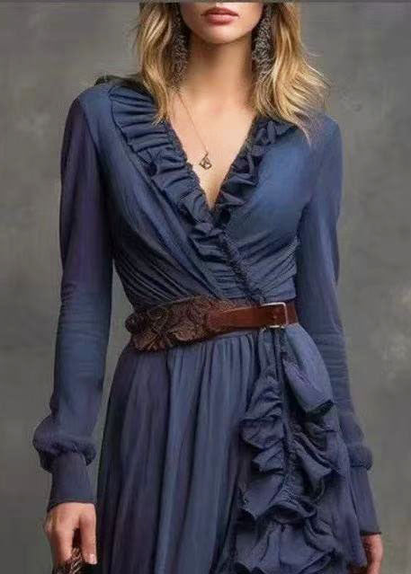 DIY Navy Ruffled Side Open Cotton Vacation Dresses Fall
