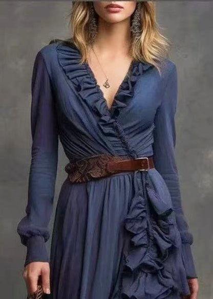 DIY Navy Ruffled Side Open Cotton Vacation Dresses Fall