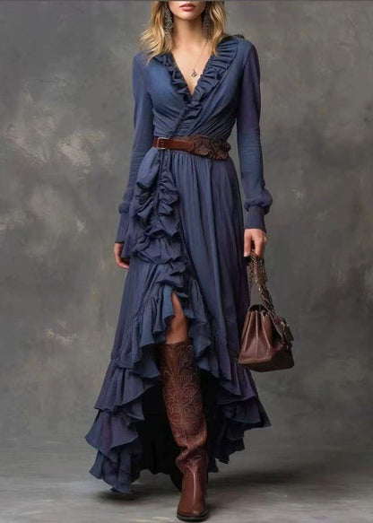 DIY Navy Ruffled Side Open Cotton Vacation Dresses Fall