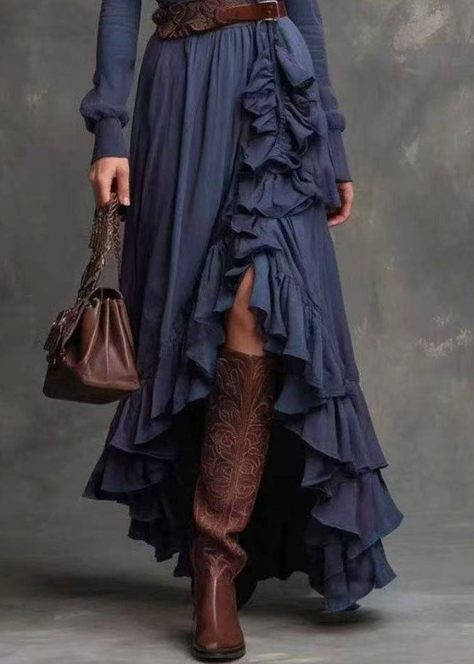 DIY Navy Ruffled Side Open Cotton Vacation Dresses Fall
