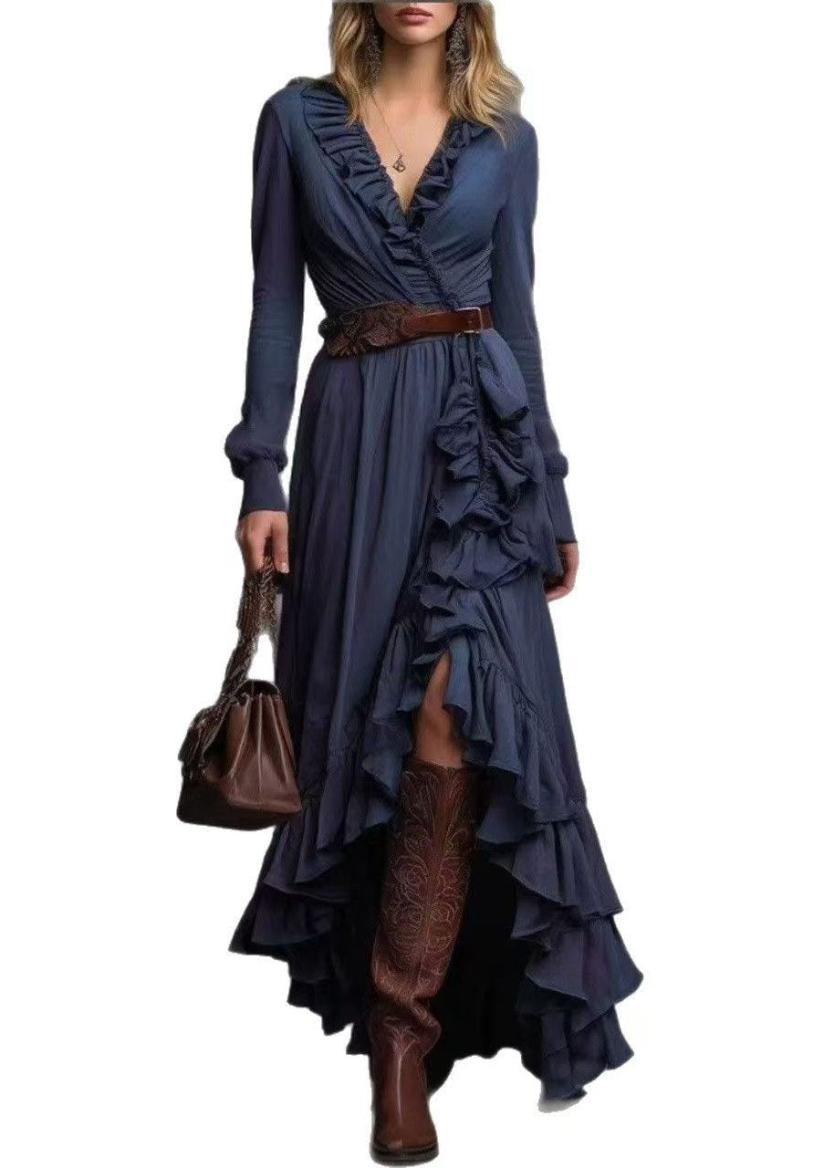 DIY Navy Ruffled Side Open Cotton Vacation Dresses Fall