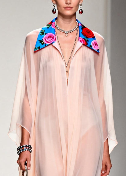 DIY Nude Peter Pan Collar Patchwork Chiffon Maxi Dress Summer