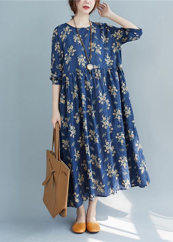 DIY O Neck Cinched Spring Quilting Clothes Work Outfits Blue Print Traveling Dress - SooLinen