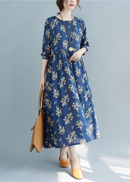 DIY O Neck Cinched Spring Quilting Clothes Work Outfits Blue Print Traveling Dress - SooLinen