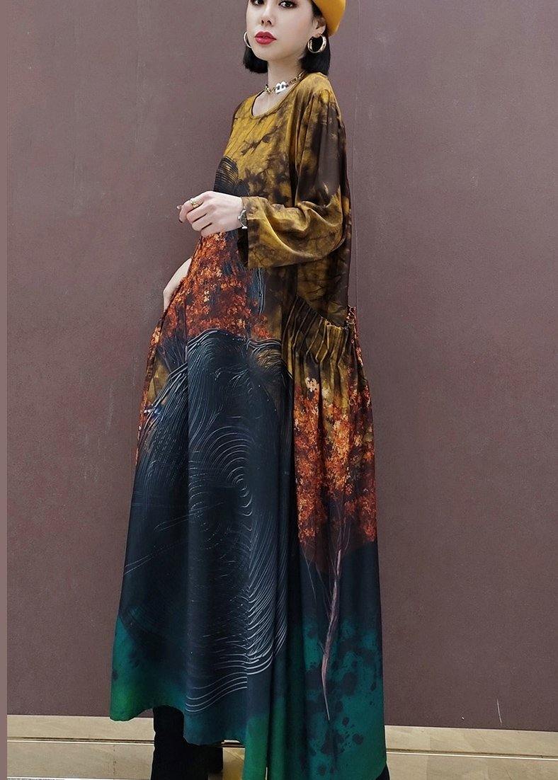 DIY O Neck Large Hem Spring Clothes Tunic Tops Yellow Print Vestidos De Lino Dresses - SooLinen