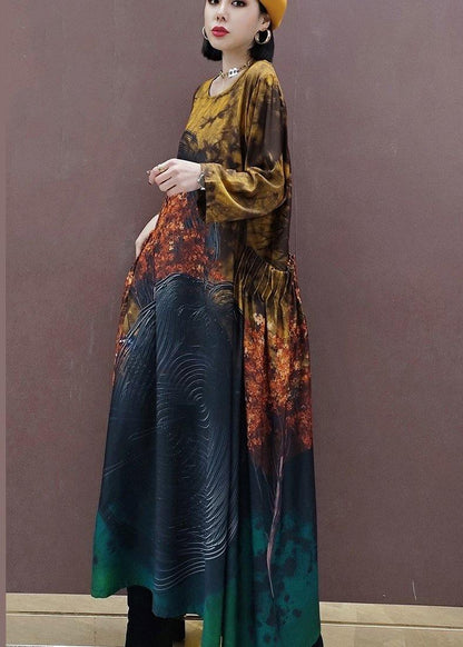 DIY O Neck Large Hem Spring Clothes Tunic Tops Yellow Print Vestidos De Lino Dresses - SooLinen