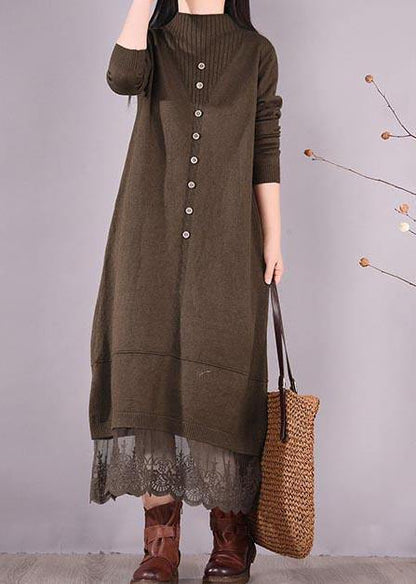 DIY O Neck Patchwork Lace Spring Tunics Linen Chocolate A Line Dress - SooLinen