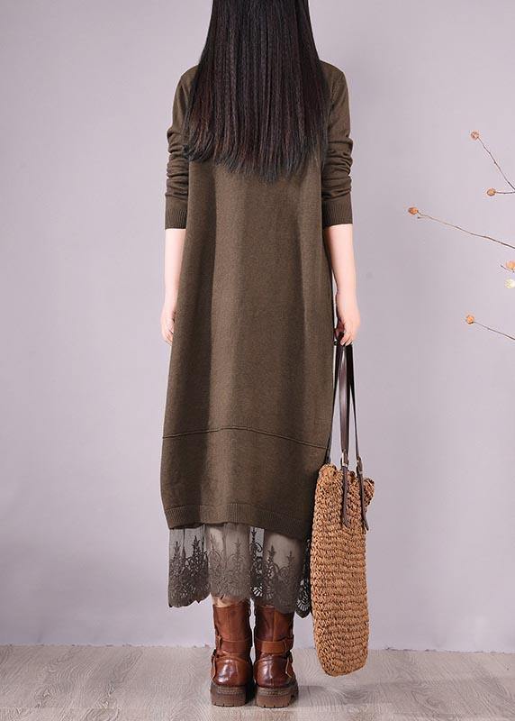 DIY O Neck Patchwork Lace Spring Tunics Linen Chocolate A Line Dress - SooLinen