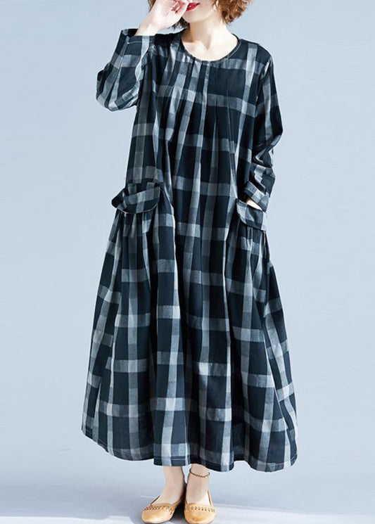 DIY O Neck Pockets Spring Tunics Gray Plaid Maxi Dress - SooLinen