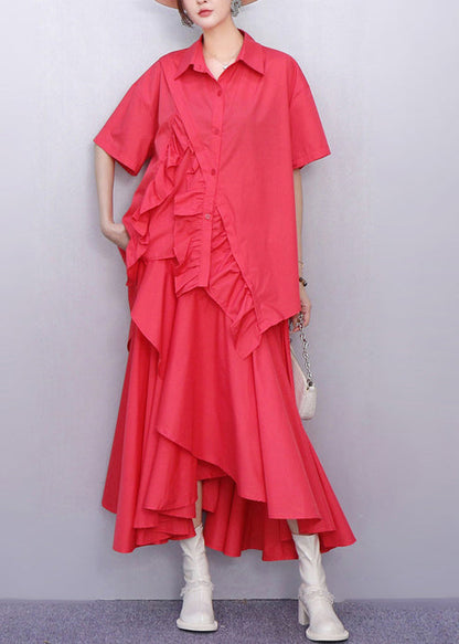 DIY Orange Asymmetrical Ruffles Cotton Shirt Dresses Summer