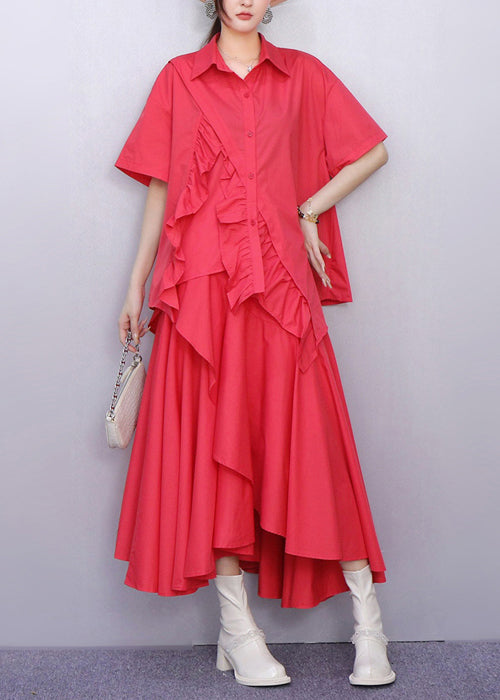 DIY Orange Asymmetrical Ruffles Cotton Shirt Dresses Summer