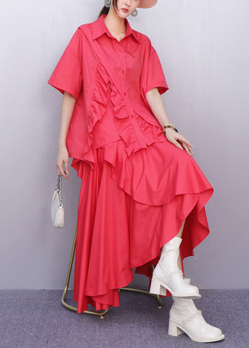 DIY Orange Asymmetrical Ruffles Cotton Shirt Dresses Summer