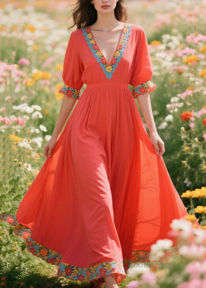 DIY Orange Exra Large Hem Patchwork Flower Cotton Vacation Dresses Summer