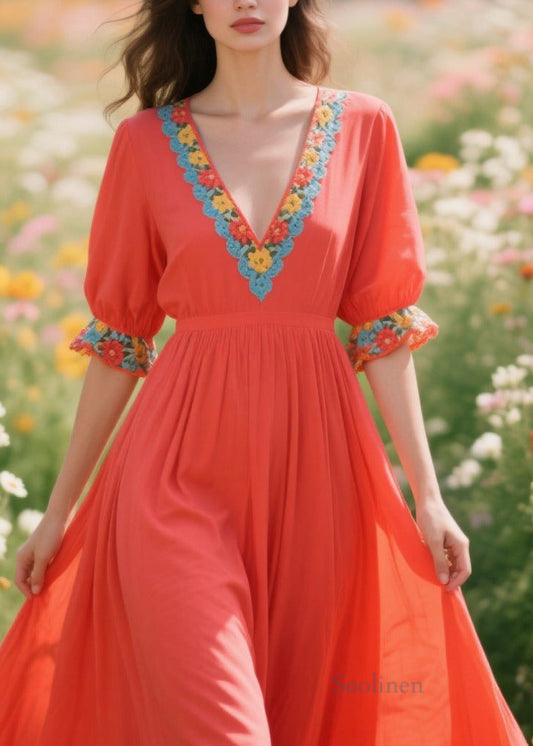 DIY Orange Exra Large Hem Patchwork Flower Cotton Vacation Dresses Summer