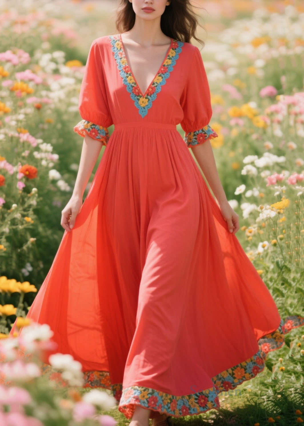 DIY Orange Exra Large Hem Patchwork Flower Cotton Vacation Dresses Summer