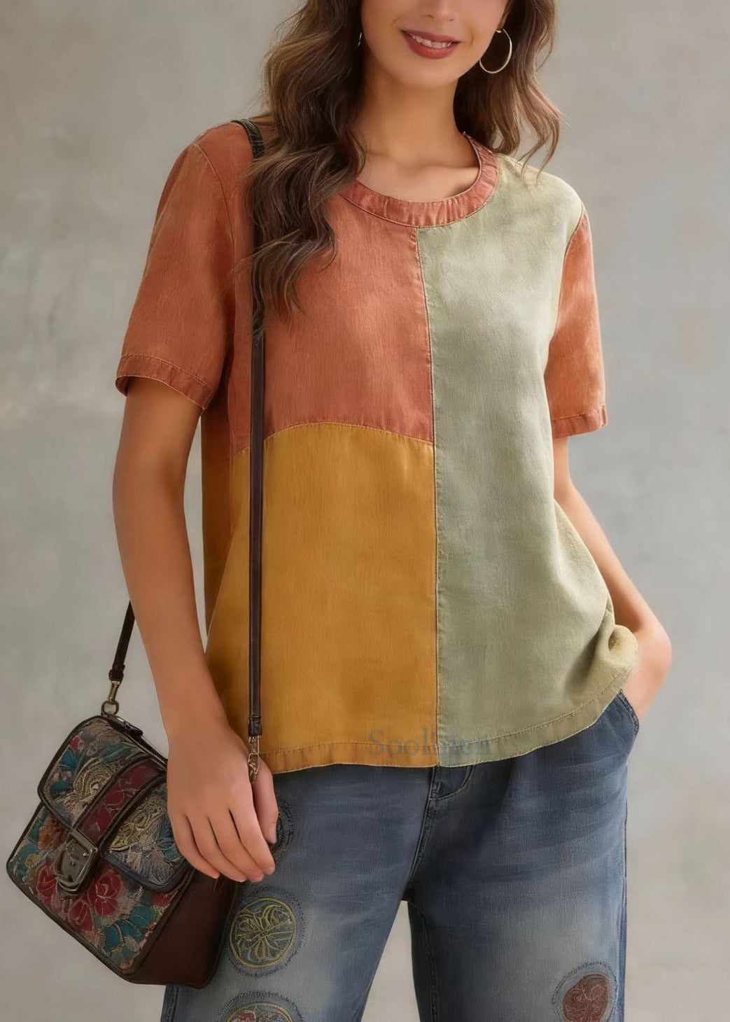 DIY Orange O-Neck Patchwork Original Design Linen Tank Top Short Sleeve