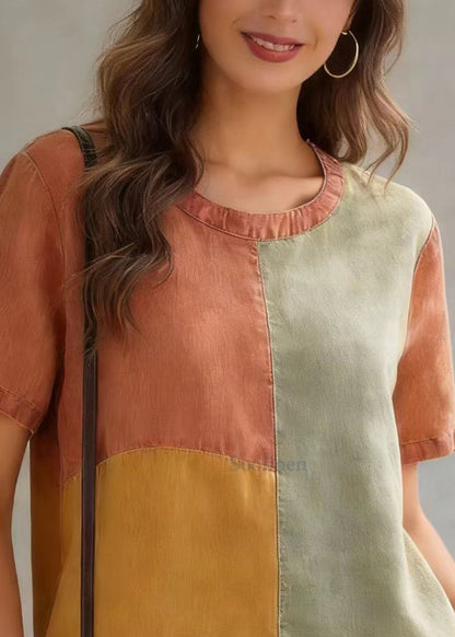 DIY Orange O-Neck Patchwork Original Design Linen Tank Top Short Sleeve