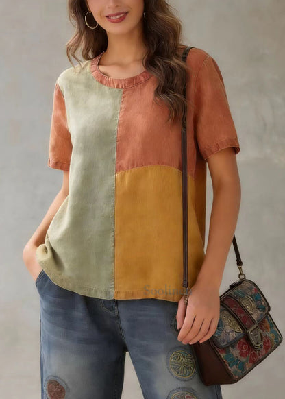 DIY Orange O-Neck Patchwork Original Design Linen Tank Top Short Sleeve