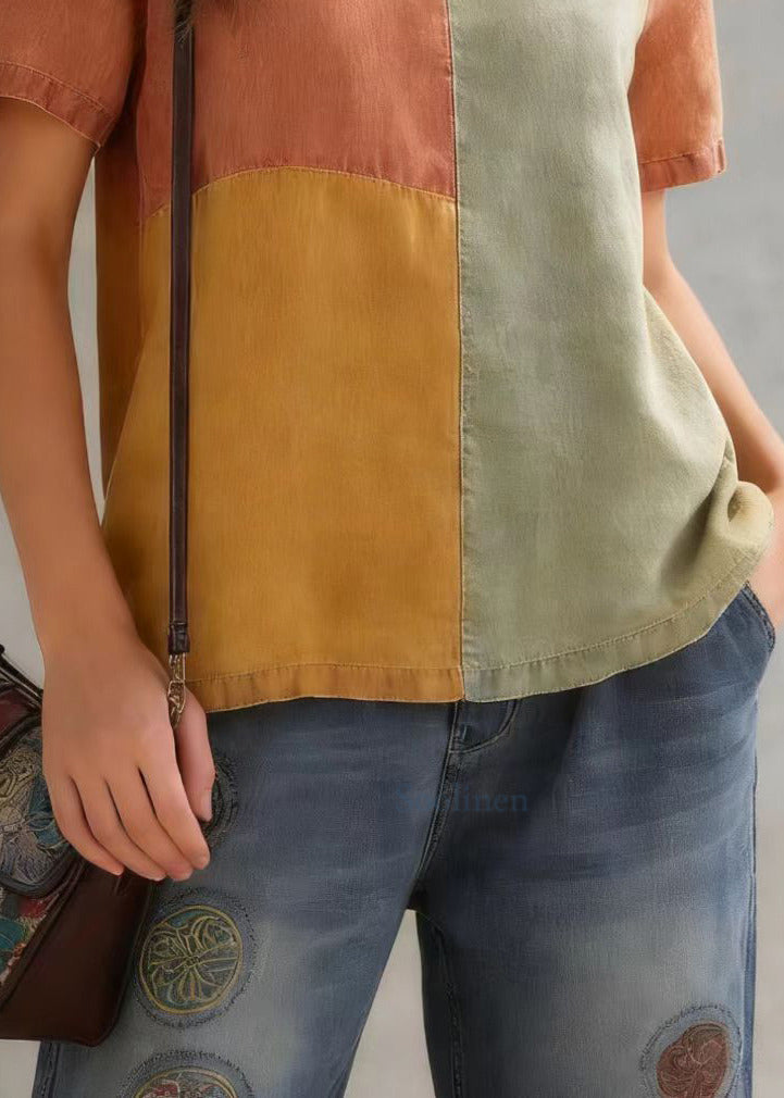 DIY Orange O-Neck Patchwork Original Design Linen Tank Top Short Sleeve