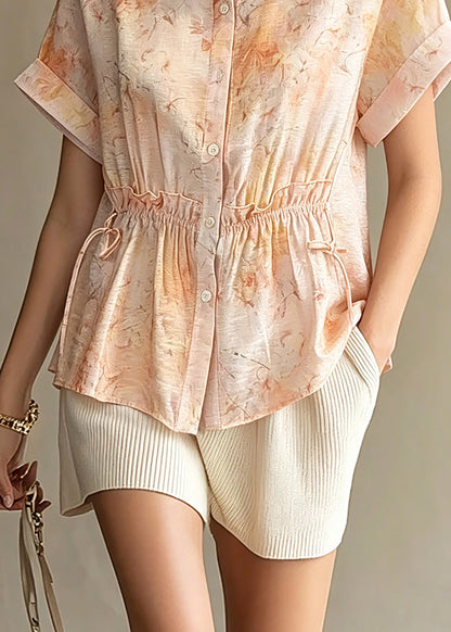 DIY Orange Peter Pan Collar Print Cinched Chiffon Shirts Summer