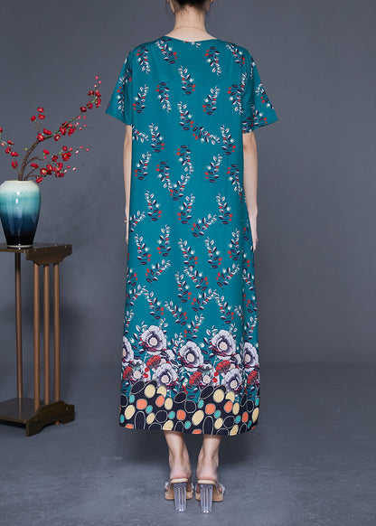 DIY Peacock Green Oversized Print Wrinkled Silk Maxi Dress Summer