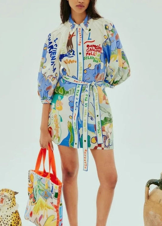 DIY Peter Pan Collar Print Cotton Shirts Dress Summer