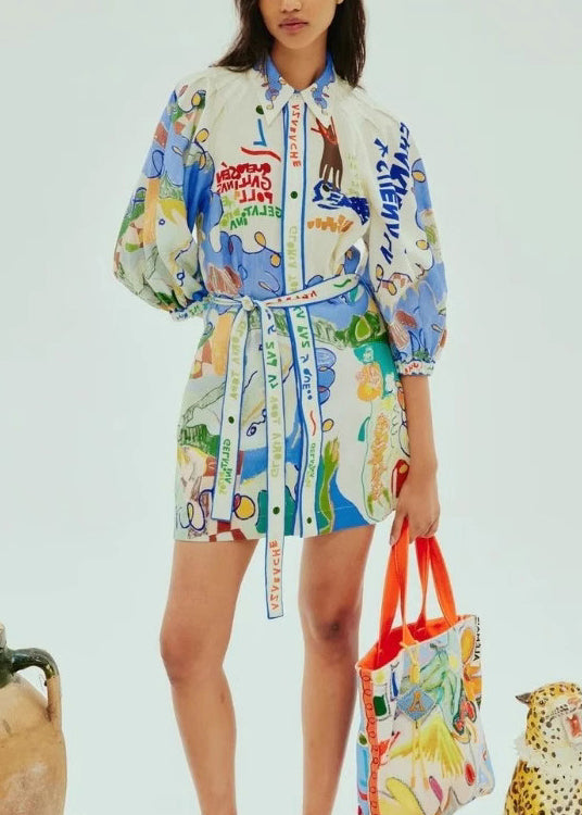 DIY Peter Pan Collar Print Cotton Shirts Dress Summer