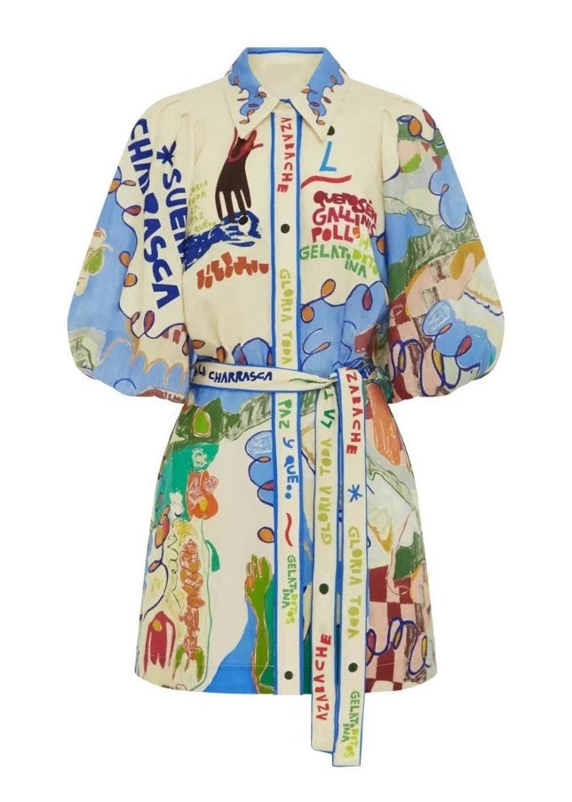 DIY Peter Pan Collar Print Cotton Shirts Dress Summer