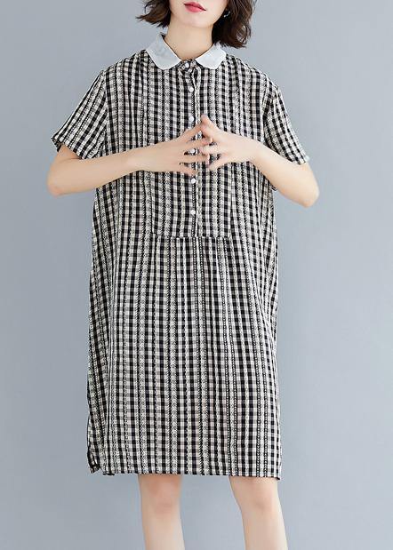 DIY Peter pan Collar Cotton summer clothes For Women black plaid Dress - SooLinen