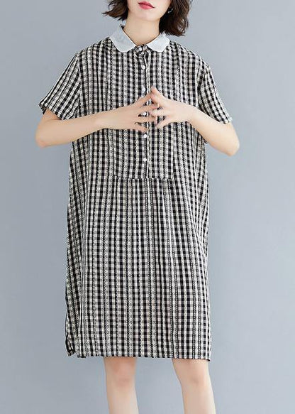 DIY Peter pan Collar Cotton summer clothes For Women black plaid Dress - SooLinen