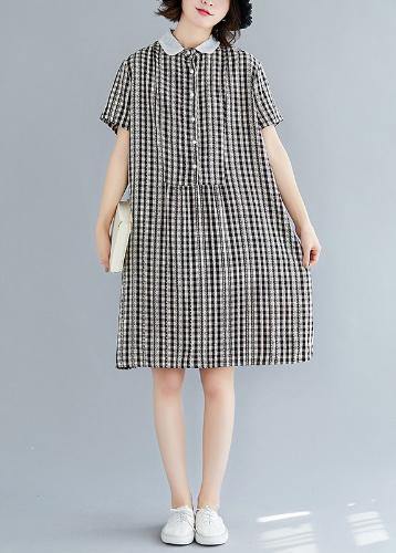 DIY Peter pan Collar Cotton summer clothes For Women black plaid Dress - SooLinen