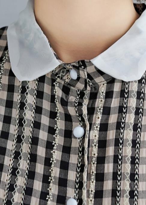 DIY Peter pan Collar Cotton summer clothes For Women black plaid Dress - SooLinen