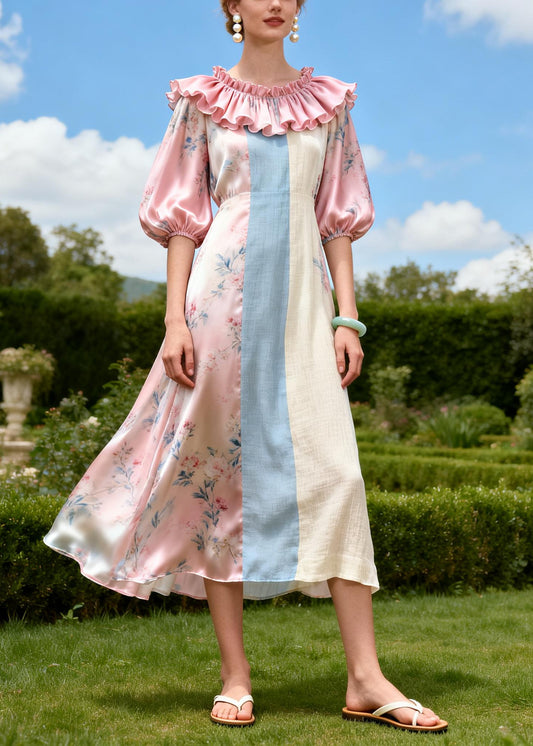 DIY Pink Ruffled Patchwork Linen Silk Vacation Dresses Summer