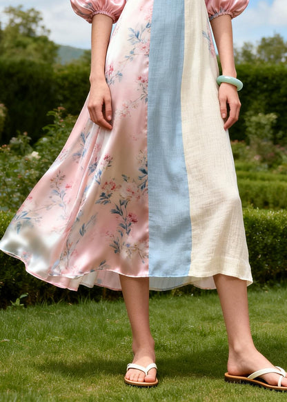 DIY Pink Ruffled Patchwork Linen Silk Vacation Dresses Summer